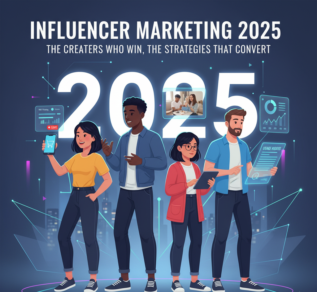 Illustration of diverse content creators standing over a city skyline with the number 2025 and marketing graphics like ROI tracking and usage rights.