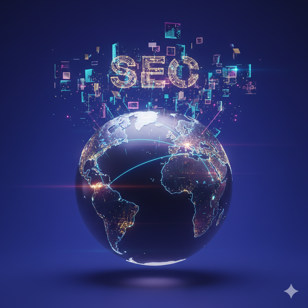 Minimalist, futuristic globe with glowing lines and swirling data code, symbolizing advanced global SEO services and technical digital strategy.