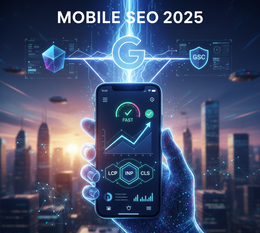 "A futuristic, digital hand holds a mobile phone displaying a performance graph and the Core Web Vitals metrics: LCP, INP, and CLS. The title 'MOBILE SEO 2025' glows above the phone, which is connected by blue energy lines to the Google logo and the GSC icon, symbolizing technical speed and optimization for mobile search."