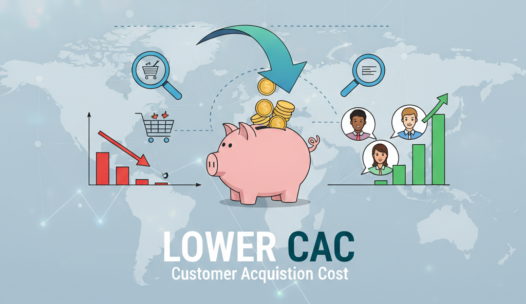 Illustration showing Lower CAC (Customer Acquisition Cost). A piggy bank receives coins (savings) as a downward-pointing arrow indicates reduced costs on the left bar chart, while a growing green bar chart on the right shows increased customer acquisition.