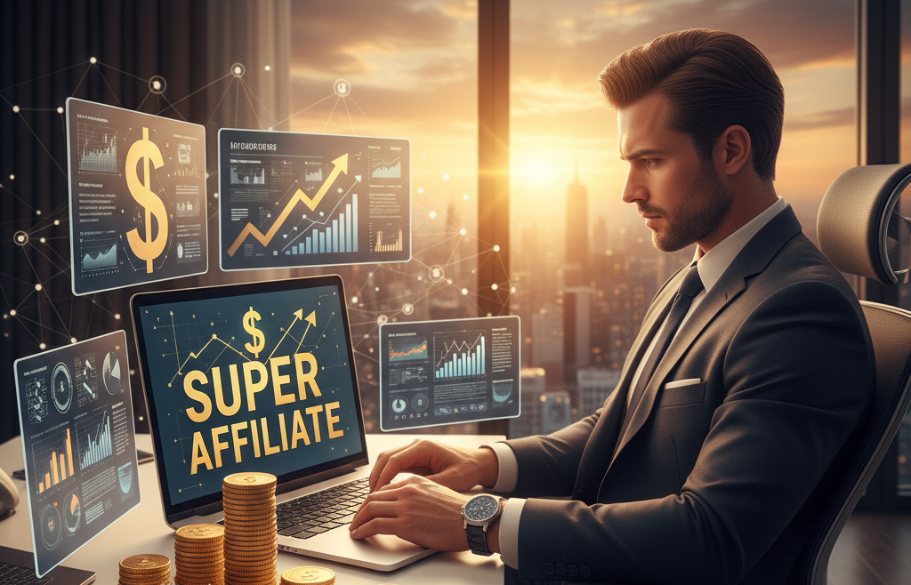 "A well-dressed man in a suit works on a laptop at a modern office desk with a city skyline at sunset in the background. His laptop screen displays 'SUPER AFFILIATE' with a dollar sign. Around him, holographic screens show various financial charts and graphs. On the desk, there are stacks of gold coins and a briefcase overflowing with bundles of cash, symbolizing success in affiliate marketing."