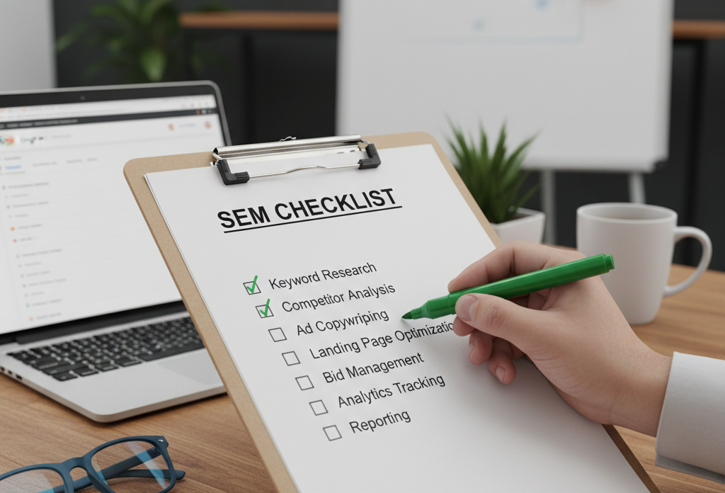 "A close-up shot of a hand holding a green marker, checking off items on an 'SEM CHECKLIST' written on a clipboard. The checklist includes items like 'Keyword Research,' 'Competitor Analysis,' 'Ad Copywriting,' and 'Landing Page Optimization.' In the blurred background, a laptop, glasses, and a coffee mug are visible on a wooden desk, suggesting a workspace."