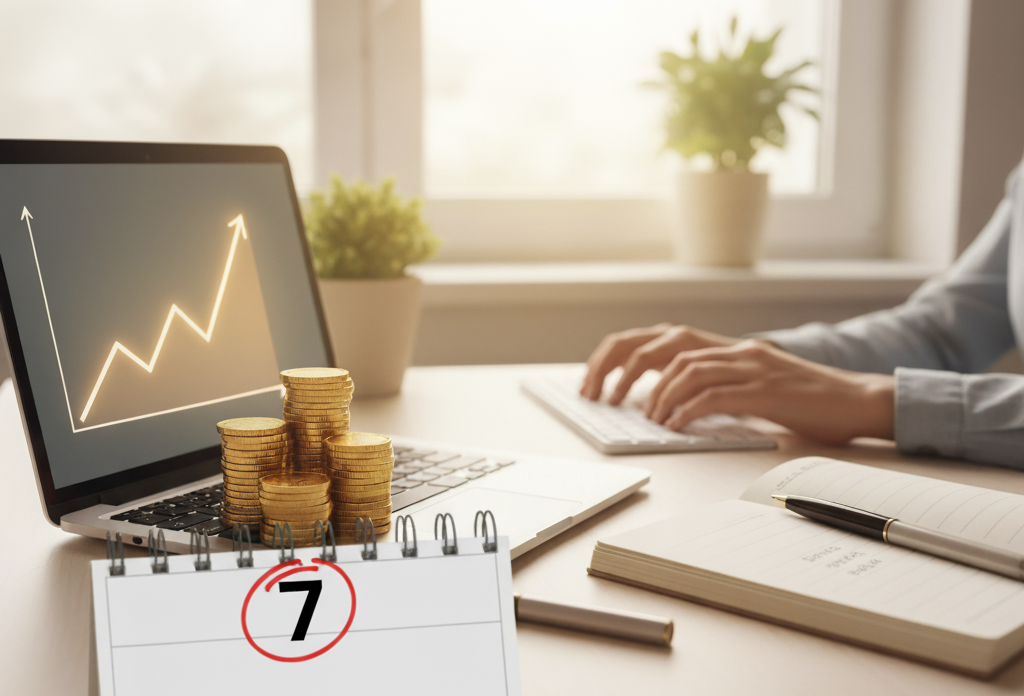 A bright, sunny image of a person's hands typing on a laptop keyboard with stacks of gold coins placed near the screen. On the laptop monitor, a financial growth chart is prominently displayed, showing an upward trajectory. A calendar in the foreground has the number '7' circled, symbolizing a rapid, one-week path to making money blogging.