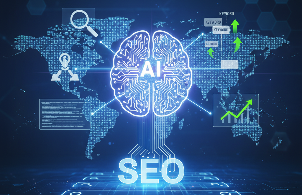 A futuristic digital graphic illustrating the connection between Artificial Intelligence (AI) and Search Engine Optimization (SEO).