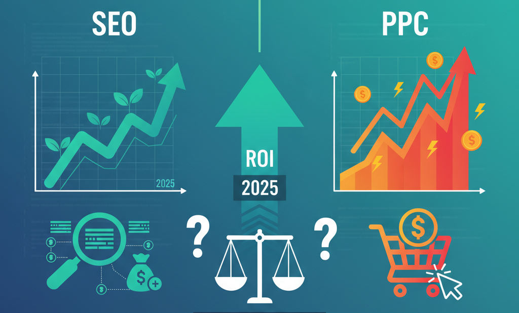 Infographic comparing SEO and PPC ROI for 2025. SEO shows organic growth and cost-effectiveness, while PPC indicates instant traffic and higher costs. A central scale asks "Which Wins? ROI 2025."