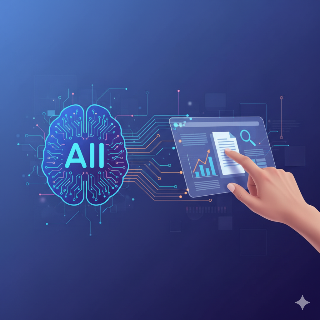 Human hand guiding an AI brain interface with data charts, illustrating the "human-in-the-loop" SEO strategy and the balance between automation and human-first content.