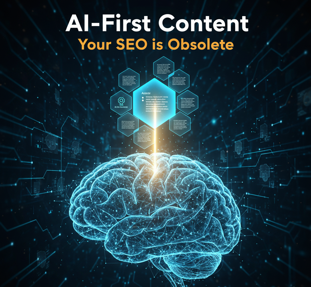 Visual representation of a glowing digital brain connected to structured data hexagons, illustrating the shift to AI-First Content and Generative Engine Optimization (GEO). The title reads: 'AI-First Content: Your SEO is Obsolete.'