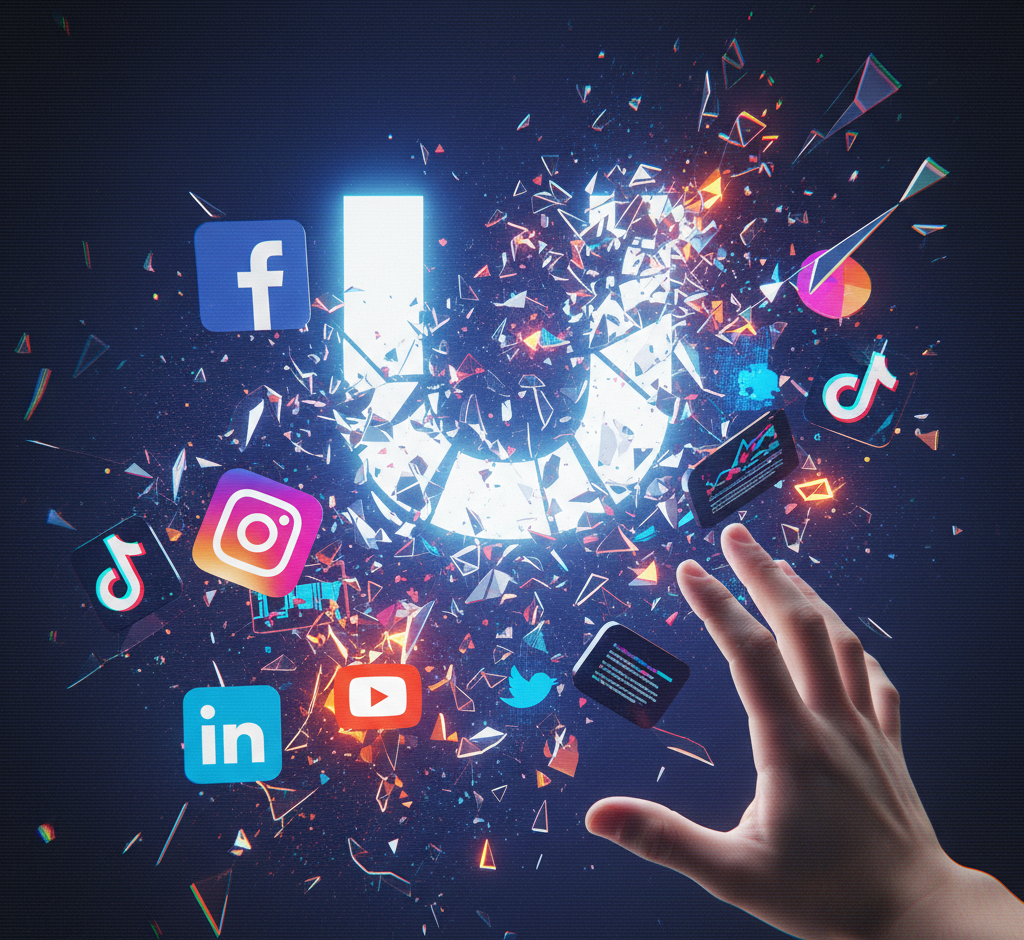 A human hand reaches into a cloud of shattering digital fragments and social media logos (Facebook, TikTok, Instagram, YouTube), visually representing the fragmented nature of the mythical Unified Ad Platform and the need for human strategy.