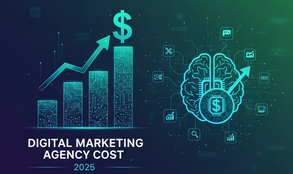 A digital illustration with a circuit-patterned bar chart and dollar sign showing rising costs, alongside a brain with a microchip, set against digital marketing icons. Text: "DIGITAL MARKETING AGENCY COST 2025".