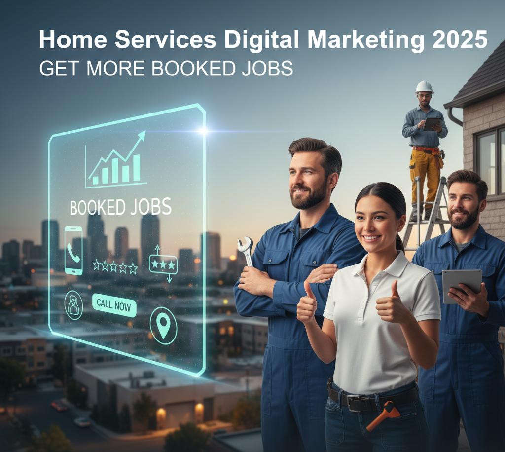 A team of happy home service professionals (plumbing, HVAC, roofing) stand on a rooftop with a city background. A glowing digital dashboard overlays the scene, displaying rising graphs labeled 'BOOKED JOBS,' a 'CALL NOW' button, and five-star reviews, summarizing the success of Home Services Digital Marketing 2025.