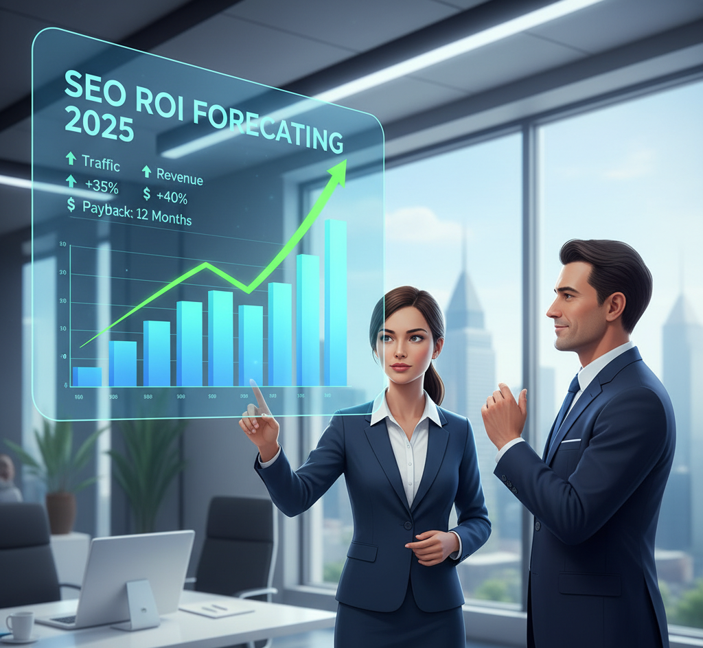 "Two professionals discussing an interactive holographic graph displaying SEO ROI forecasting for 2025, showing traffic, revenue, and payback period."
