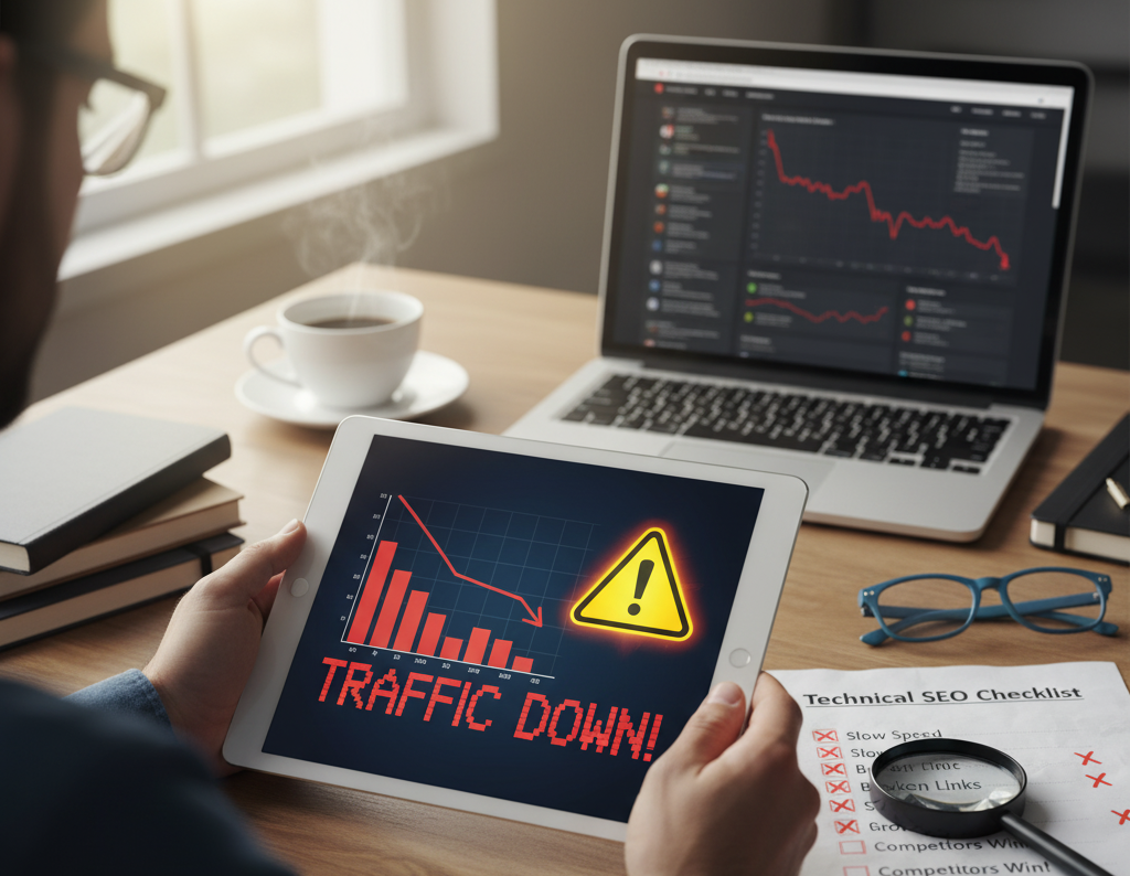 "Person analyzing a tablet with a sharp downward traffic graph and a warning symbol, symbolizing the need for an SEO audit to fix website performance issues."
