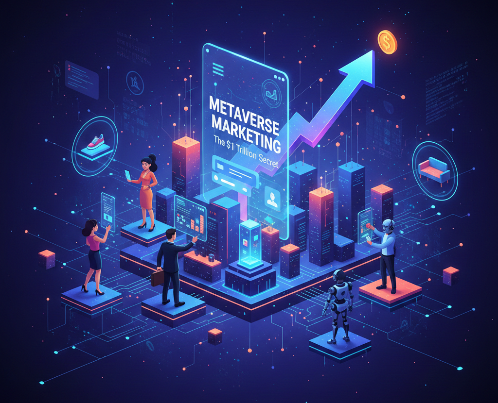 Futuristic isometric illustration of Metaverse Marketing growth, featuring a large phone screen with the title, a rising profit arrow, and business avatars engaging with virtual products in a neon blue digital city.