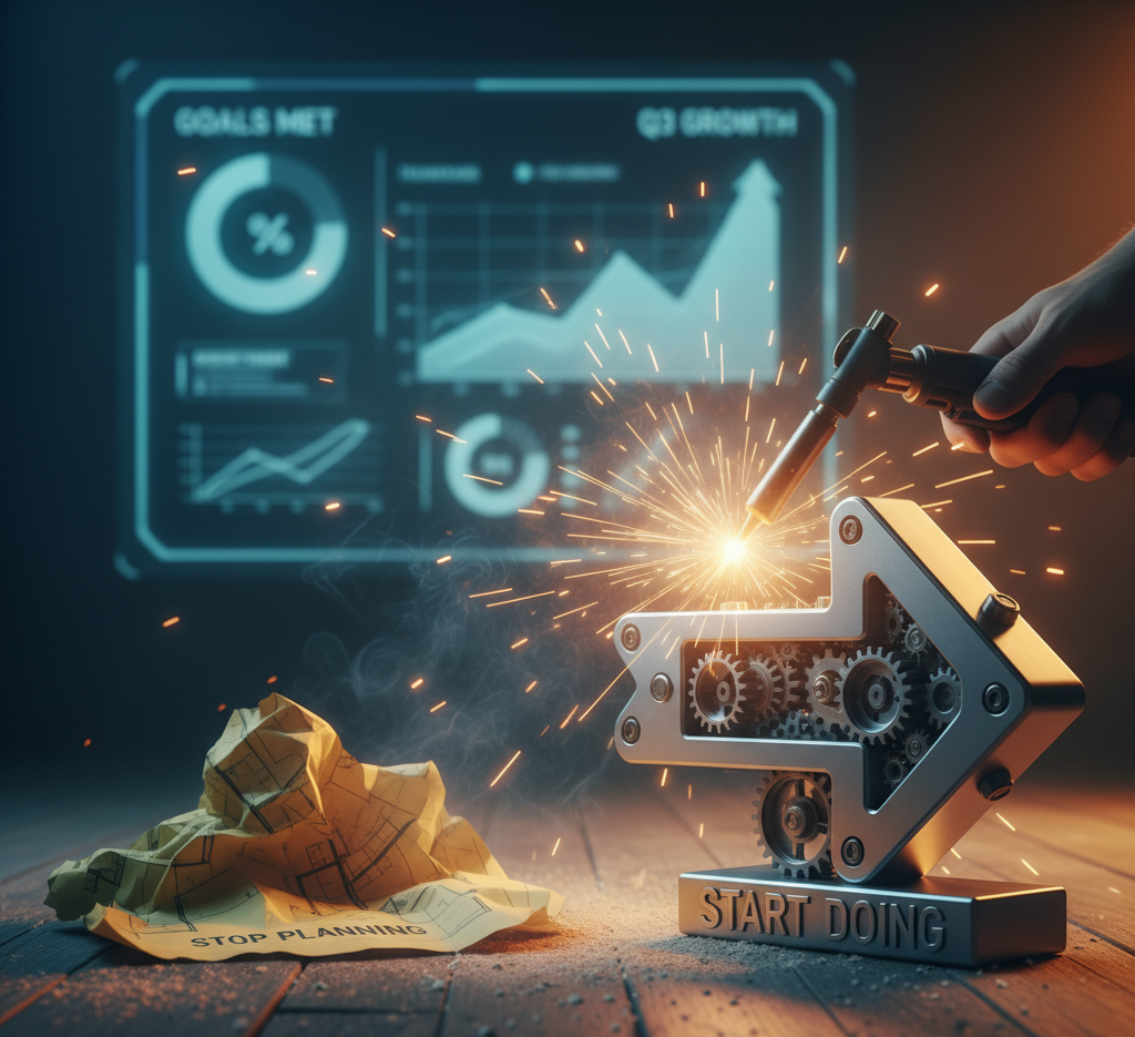 A powerful visual metaphor for Marketing Strategy Execution: A metallic arrow with visible gears is being welded to its base labeled "START DOING," contrasting sharply with a crumpled piece of paper on the floor labeled "STOP PLANNING." A digital dashboard in the background shows clear Q3 growth and goals met.