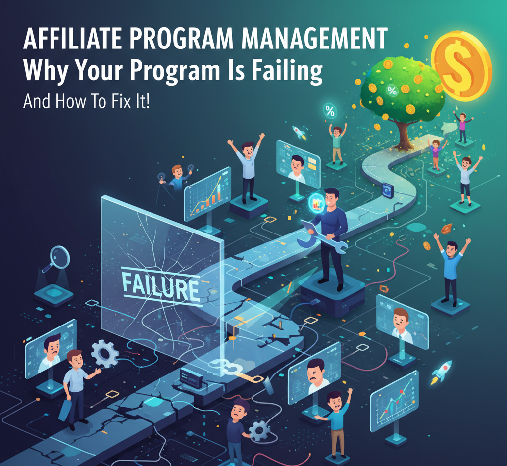 Diagram showing the journey of Affiliate Program Management from a failure state (cracked path) to a success state (money tree), achieved through strategic effort and monitoring to boost affiliate sales.