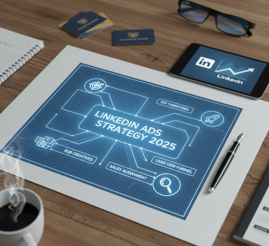 Based on the image you generated (which shows a blueprint overlay on a desk with a phone and coffee), here are a few options for alt text, from concise to more descriptive: