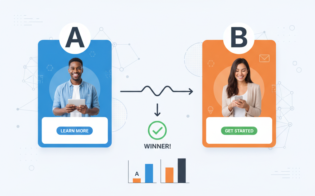 "A diagram illustrating A/B testing for ads, showing two different ad variations (A and B) presented to different users, with a winner being determined based on performance metrics. Ad A features a man holding a tablet with a 'Learn More' button, while Ad B features a woman looking at her phone with a 'Get Started' button. A bar graph below shows Ad A performing better."