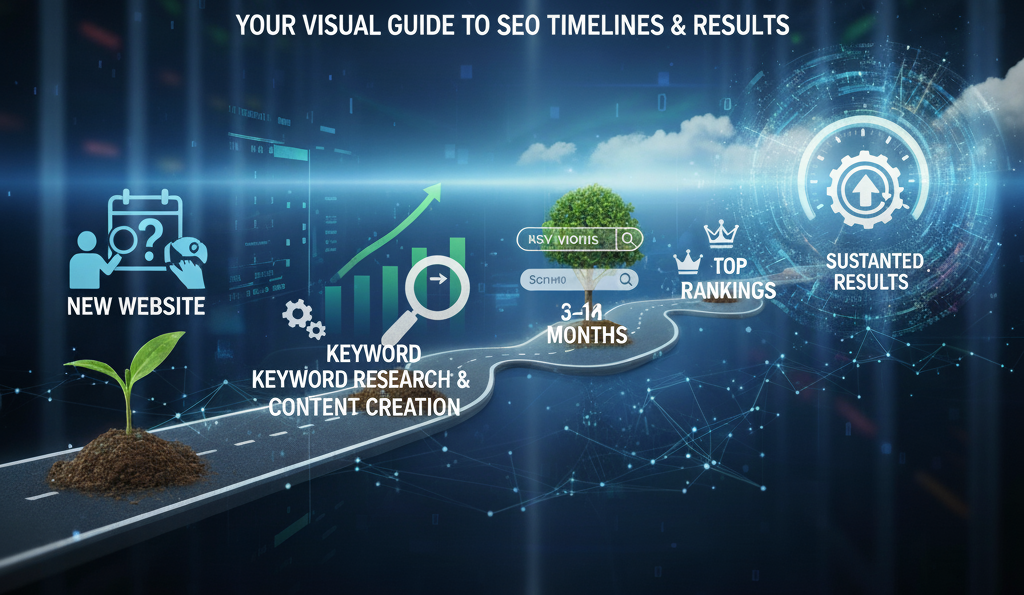 "Visual timeline showing the expected duration of SEO progress in 2025, from a new website to sustained authority, highlighting milestones at 3-6 months and 6-12 months."