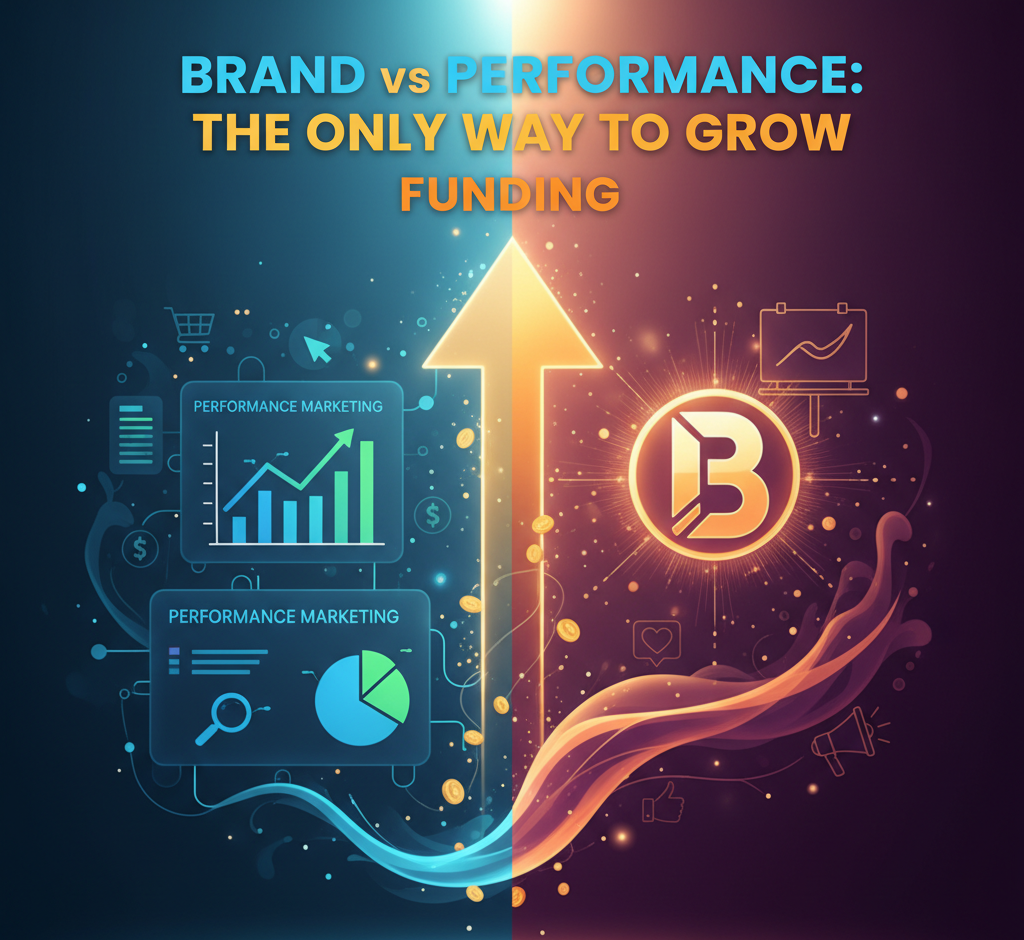 Conceptual graphic demonstrating how measurable performance marketing data (charts, metrics) fuels a central golden arrow of growth, which systematically supports long-term brand marketing equity (represented by a glowing B logo and social interaction icons).