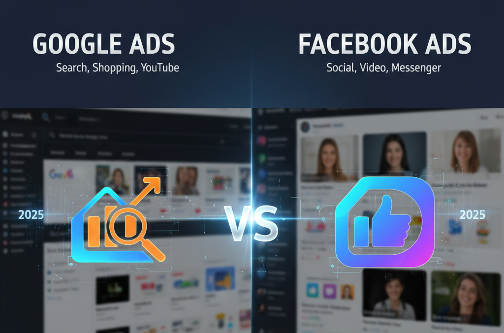 A split image comparing Google Ads and Facebook Ads for 2025, with their respective logos and interface elements.