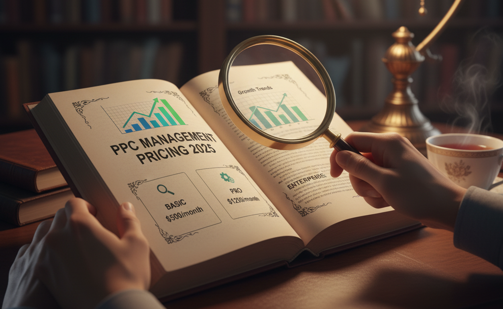 A person's hands are holding open an antique book titled "PPC Management Pricing 2025," with various pricing tiers and growth charts visible. A magnifying glass hovers over one of the charts, and a lit desk lamp along with a steaming cup are on the wooden desk. The background features bookshelves filled with books.