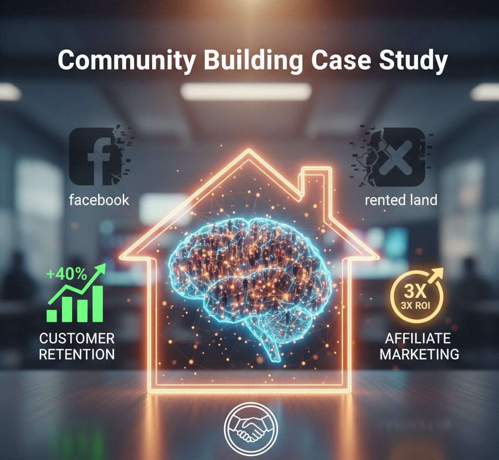Infographic for the Community Building Case Study showing a glowing digital brain inside an "owned community" house icon. Key results highlight a +40% customer retention increase, 3X ROI on affiliate marketing, and stronger brand loyalty by moving away from social media platforms.