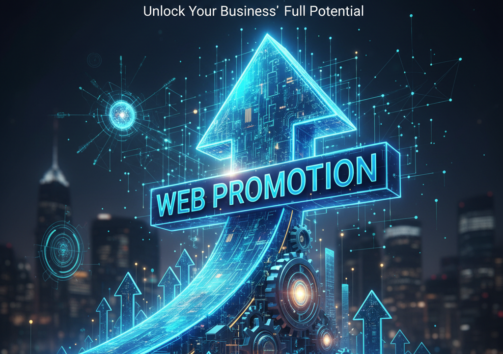 An illustrative image centered around the theme of "Web Promotion" as a critical driver for business growth. The focal point is a large, vibrant blue arrow surging upwards, representing progress and expansion. Inside this arrow, the term "WEB PROMOTION" is clearly highlighted in luminous blue text within a rectangular box.