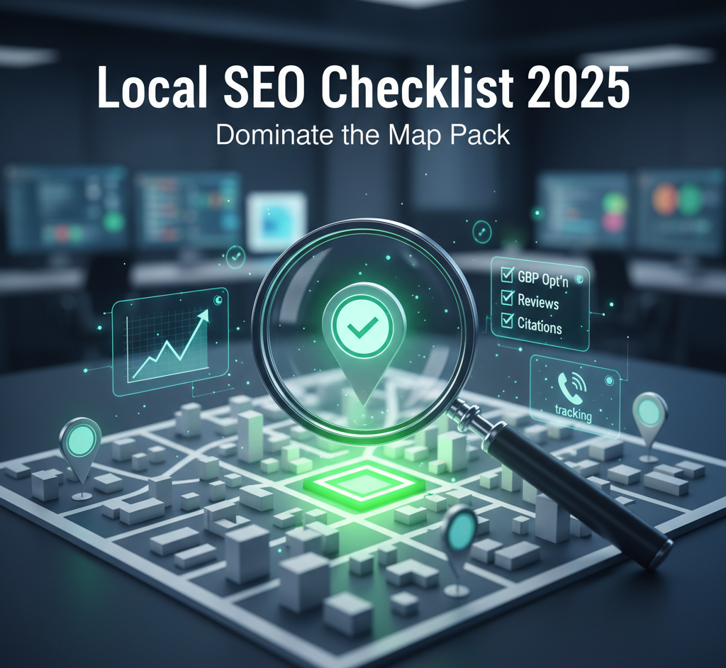 "Magnifying glass centered over a glowing green pin on a stylized city map, with text overlay 'Local SEO Checklist 2025: Dominate the Map Pack.' The image includes digital overlays of a checklist (GBP Opt'n, Reviews, Citations) and a rising graph, illustrating local search strategy and growth."