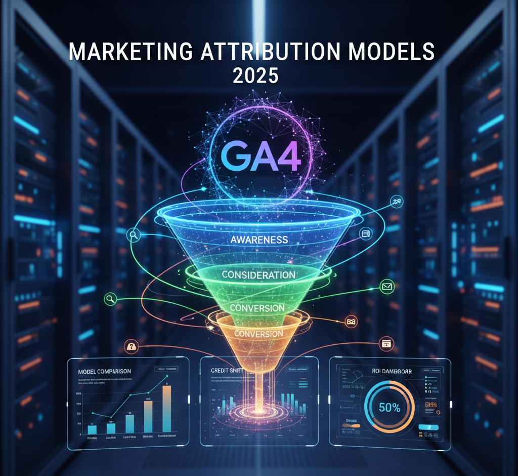 Digital illustration of a glowing, multi-stage marketing funnel (Awareness, Consideration, Conversion) labeled 'GA4' and positioned within a dark, high-tech server room. The image visualizes Data-Driven Attribution for 2025, showing data streams flowing from the funnel into comparison charts and an ROI dashboard below.