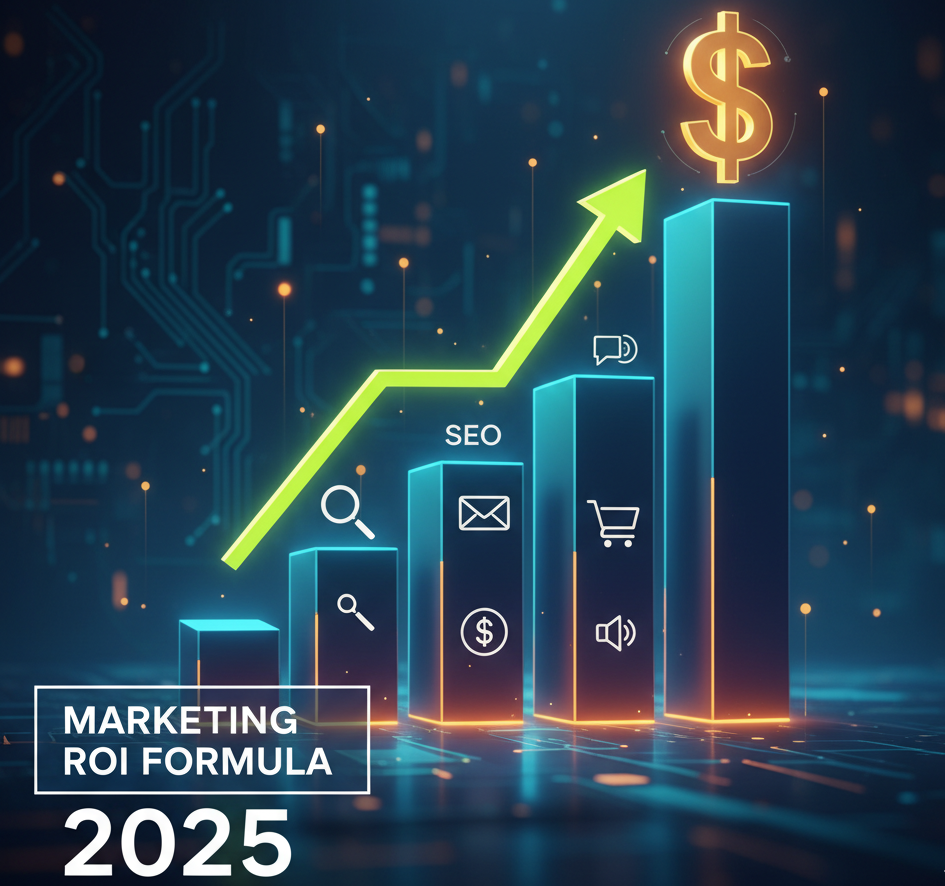 Stylized bar chart showing an upward trend and a gold dollar sign, representing the Marketing ROI Formula 2025 and digital profit growth.