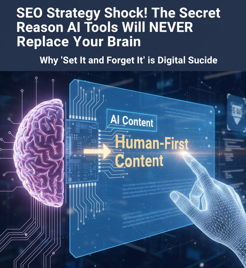 A human brain connected to a circuit board and a transparent screen, illustrating the human-in-the-loop approach where human input elevates AI Content to Human-First Content for a successful SEO Strategy