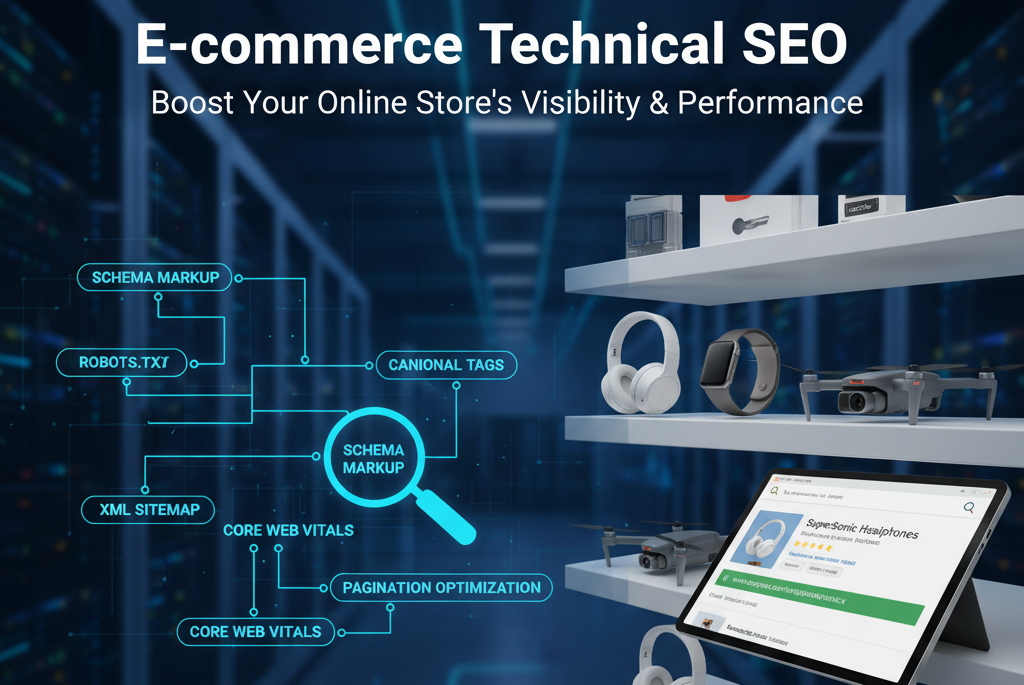 E-commerce Technical SEO concepts diagram with shelves of products.