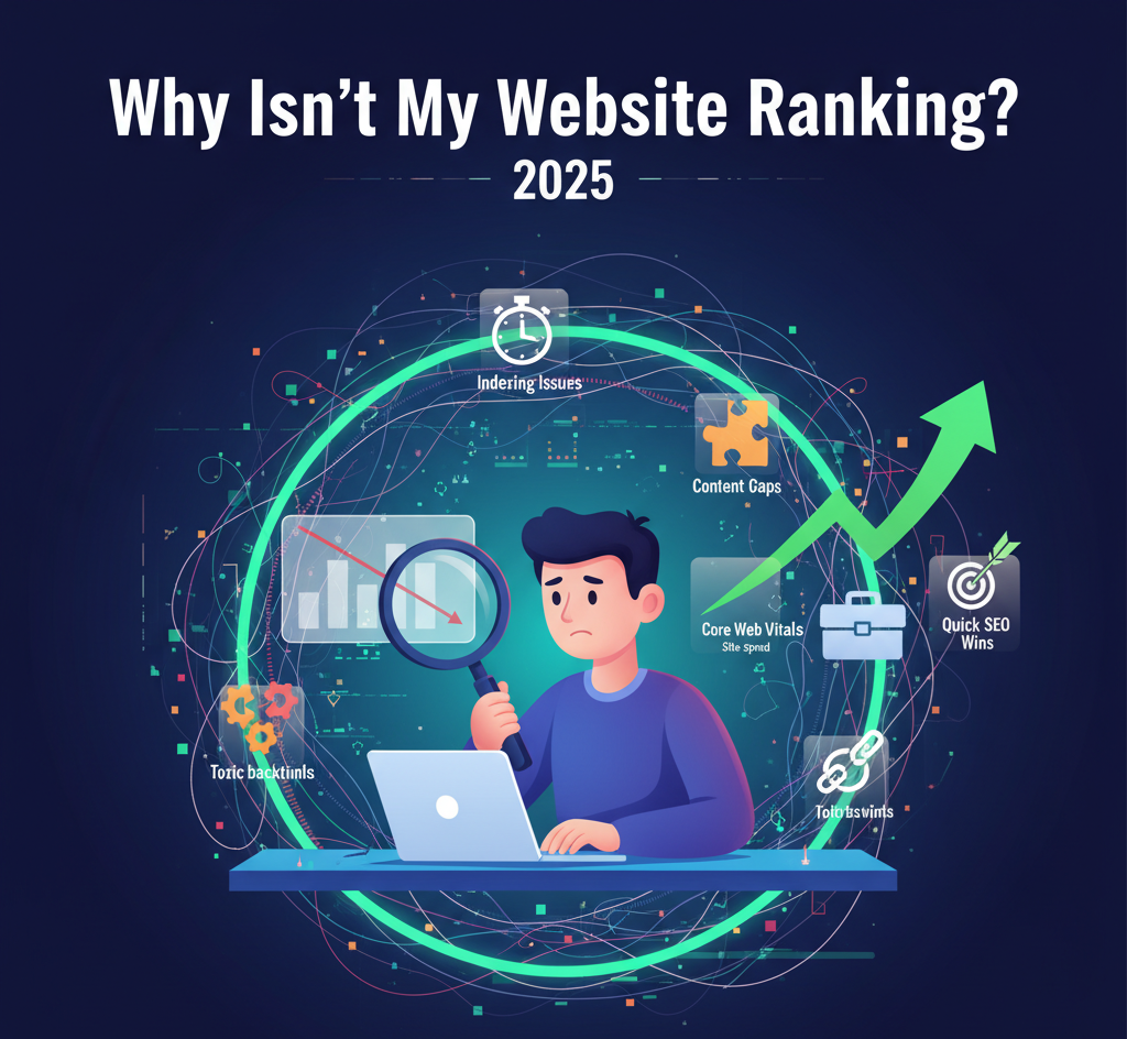 Visual representation of diagnosing poor search rankings by addressing Indexing, Core Web Vitals, Content Gaps, and utilizing Quick SEO Wins.