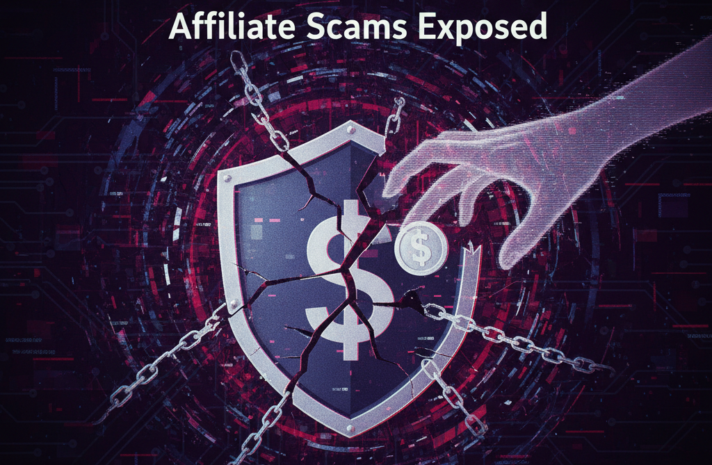 A dark, high-tech, abstract image illustrating digital security failure and fraud. At the center, a cracked shield with a large dollar sign on it is surrounded by heavy metal chains, suggesting security being breached. A translucent, wireframe digital hand reaches in to steal a silver dollar coin from behind the shattered shield.