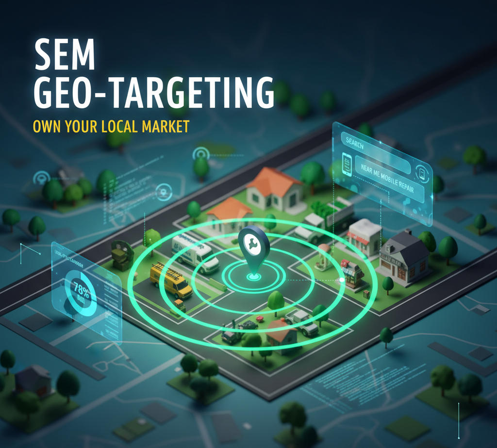 A 3D digital illustration showing a neighborhood map with houses and service vehicles. A central location pin emits glowing green concentric rings, visually representing precise SEM Geo-Targeting and hyper-local radius targeting for service businesses.