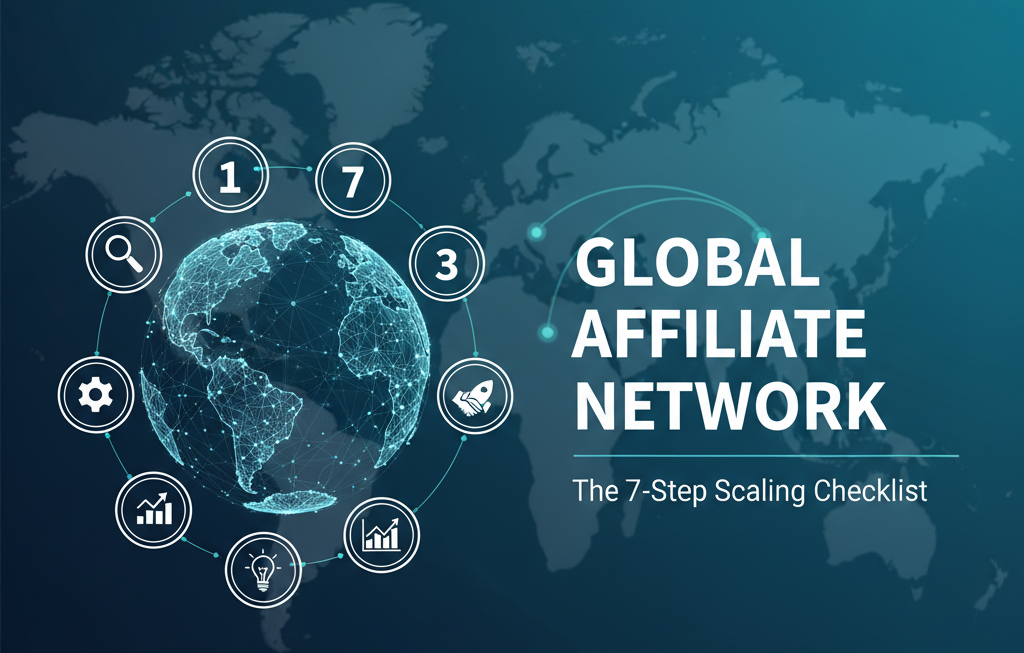 A digital illustration of a glowing blue wireframe globe centered on a dark blue map background. A circle of seven icons, representing different steps (e.g., search, settings, growth chart, lightbulb, rocket), surrounds the globe. Bold white text reads: GLOBAL AFFILIATE NETWORK, with smaller text below it saying: The 7-Step Scaling Checklist.