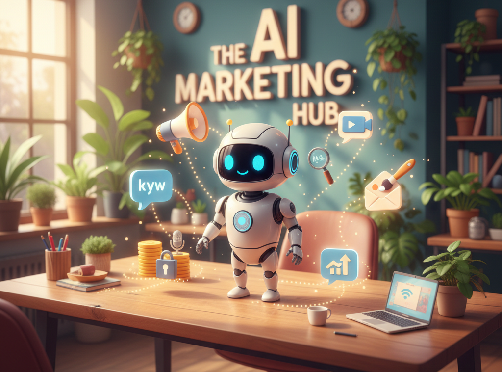 A neon brain at the center of a radiating network, connecting to various AI marketing tool icons like a megaphone, growth chart, search, video, email, and social media, against a dark blue background.