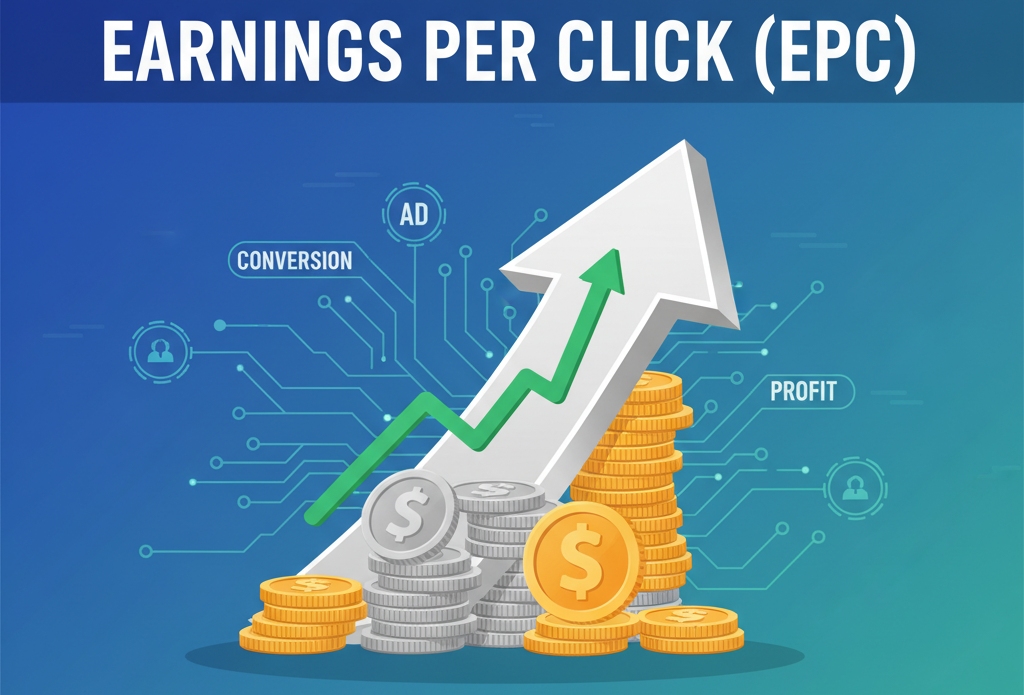 A vibrant, illustrative image representing "Earnings Per Click (EPC)". The central element is a large, upward-pointing white arrow symbolizing growth, resting on a substantial pile of gold and silver coins, indicating profit and earnings.