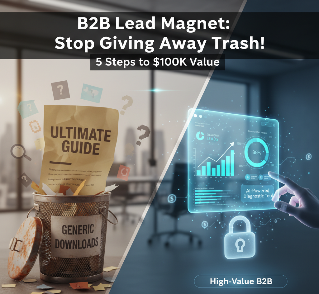 A split image contrasting a "Generic Downloads" trash can with an "Ultimate Guide" document, versus a glowing, interactive "AI-Powered Diagnostic Tool" symbolizing high-value B2B lead generation