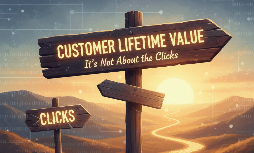 A stylized image shows a crossroads with a signpost. One sign points to "CUSTOMER LIFETIME VALUE - It's Not About the Clicks" along a glowing gear-path towards a sunrise. Another sign points to "CLICKS" with a cursor icon in a puddle. Recurring arrows are at the base of the main sign.