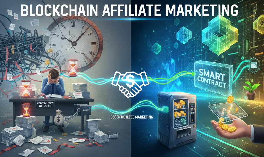 Visual contrasting traditional affiliate marketing (frustrated publisher, delayed payments, tangled processes) with blockchain affiliate marketing (smart contracts, instant payouts, transparency).