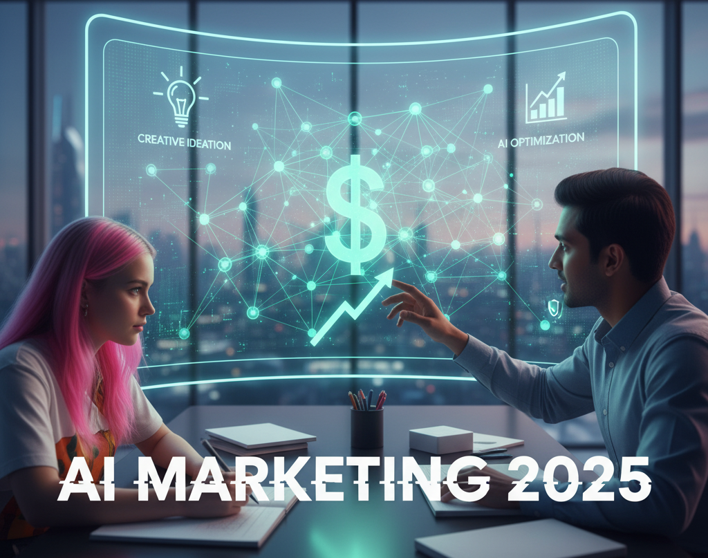 Two marketing leaders collaborate in a high-tech control room, analyzing AI marketing strategy on glowing holographic interfaces, with a monitor displaying a growth chart, guardrails, and an AI workflow diagram.
