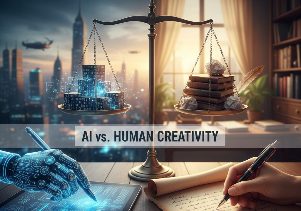 Scales balancing AI data and human writing, with a robotic hand on a tablet and a human hand writing on parchment.