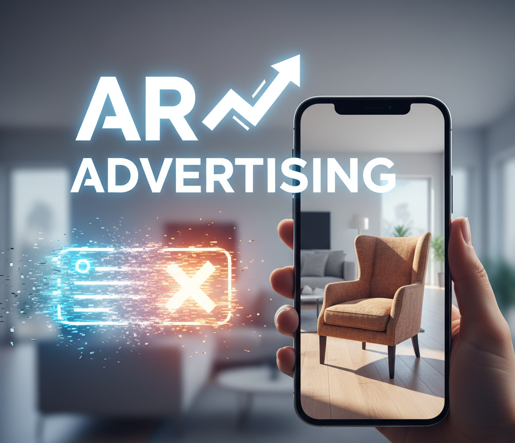 Augmented Reality (AR) advertising is replacing traditional mobile banners. A hand holds a smartphone showing an AR furniture try-on in a living room, symbolizing high engagement and a growth trend while a fading banner ad is crossed out in the background.