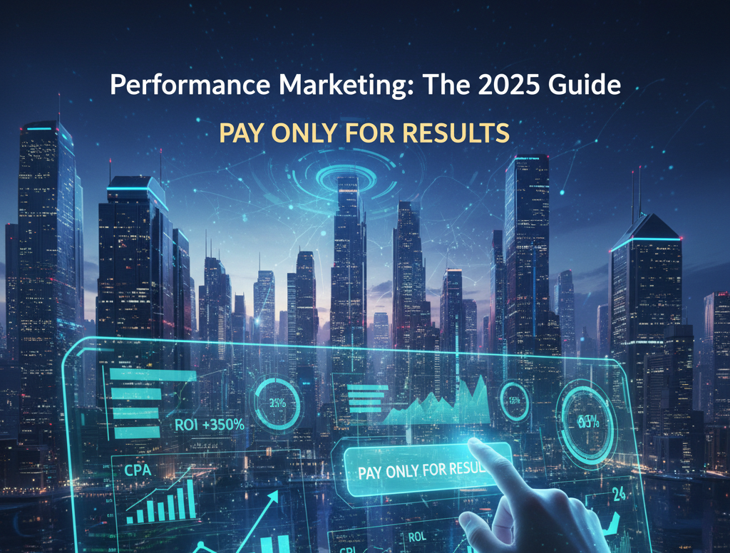 Performance Marketing 2025 Guide featured image: data visualization of results-driven marketing showing pay-per-click and high ROI targets on a holographic interface.