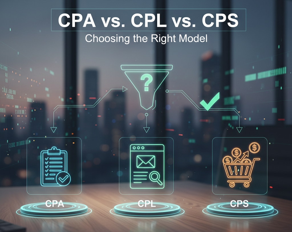 Graphic illustrating the sales funnel, splitting into three distinct, glowing digital marketing payment models: CPA (Cost Per Action represented by a checklist), CPL (Cost Per Lead represented by an email form), and CPS (Cost Per Sale represented by a shopping cart with money).