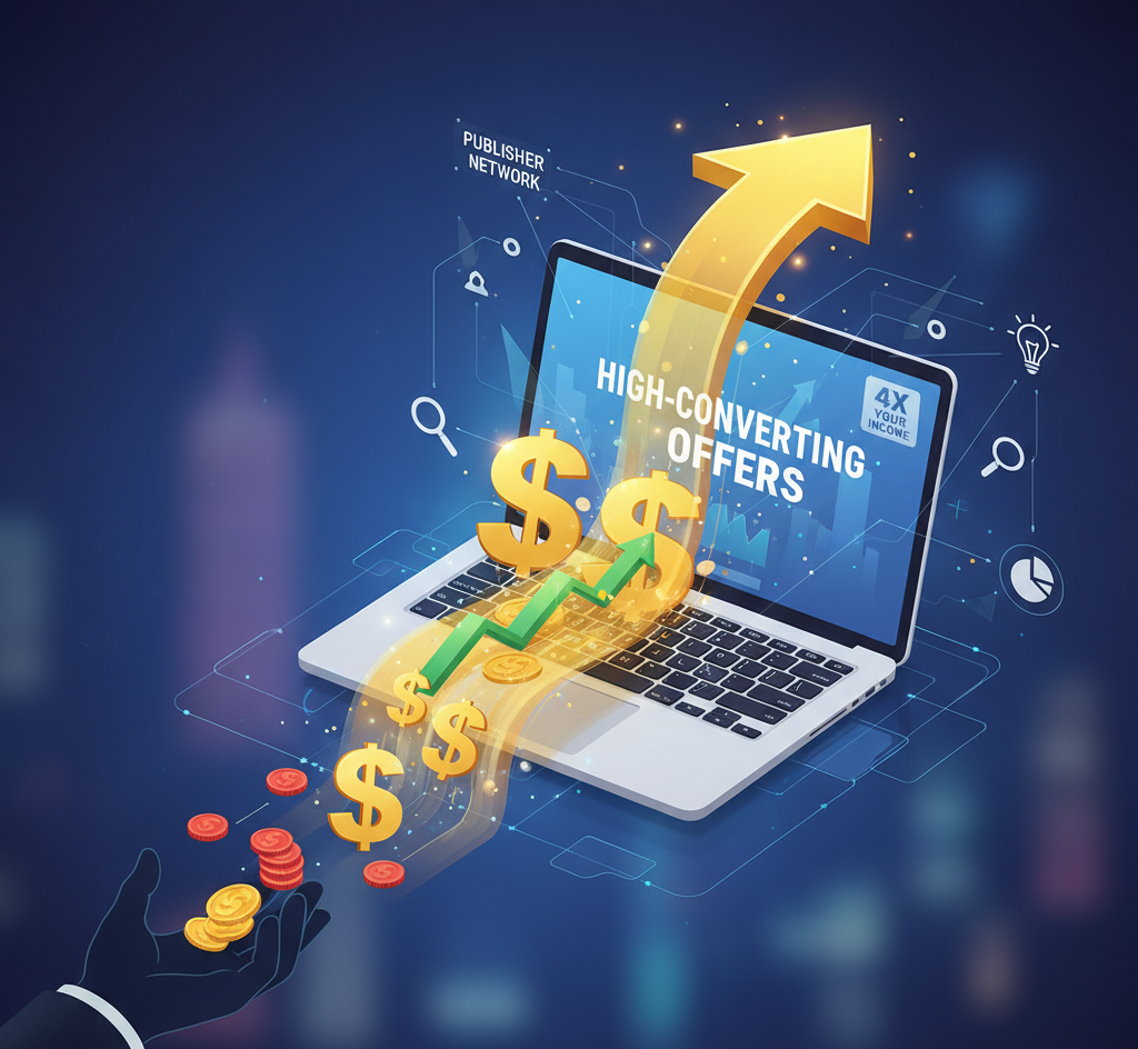 Digital marketing concept showing high profits flowing from a laptop, symbolizing High-Converting Offers and affiliate success.
