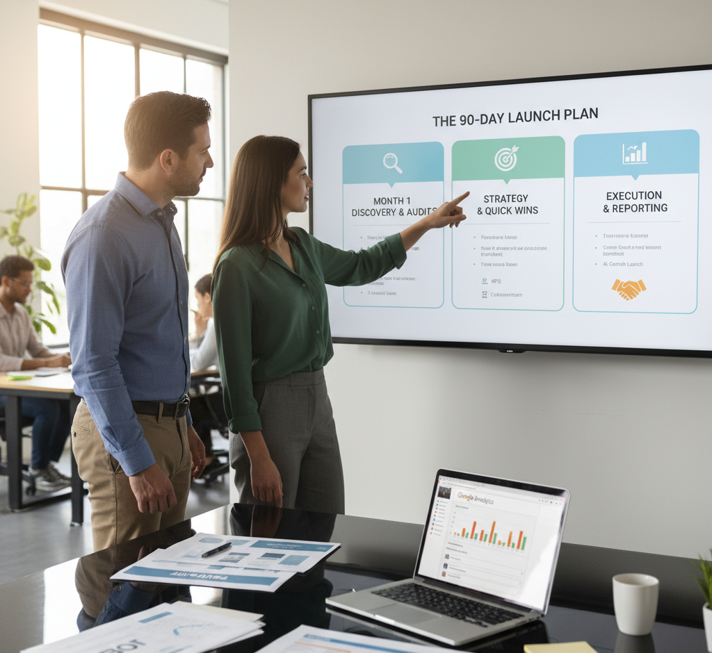 Two digital marketing consultants reviewing a "90-Day Launch Plan" on a screen, detailing the three phases: Discovery & Audits, Strategy & Quick Wins, and Execution & Reporting. A laptop displaying Google Analytics is visible on the desk.