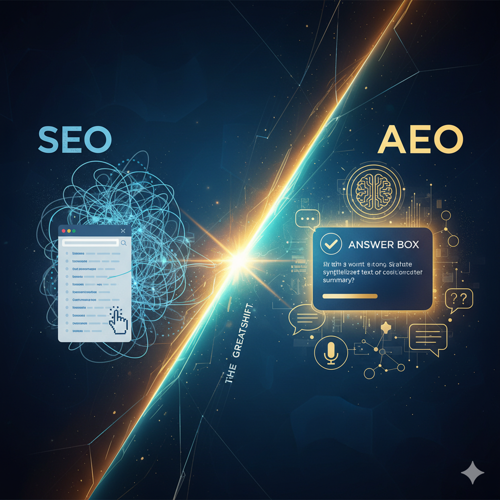 Infographic illustrating the shift from chaotic, results-list-driven SEO to structured, AI-powered Answer Engine Optimization (AEO), featuring a clean Answer Box and conversational search icons.