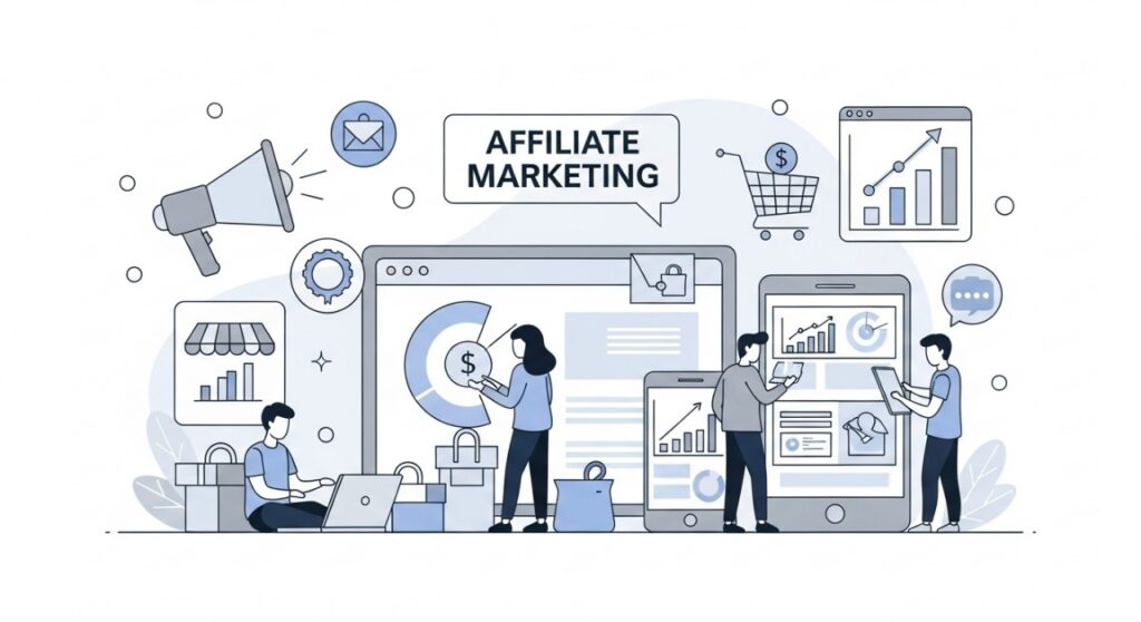 Graphic showing a content creator's hand holding a digital tracking link that converts into a stack of money, symbolizing Affiliate Marketing ROI and trust.